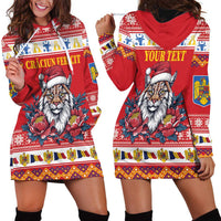 Personalized Romania Christmas Hoodie Dress Eurasian Lynx With Peony Flowers - Wonder Print Shop