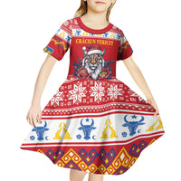 Personalized Romania Christmas Kid Short Sleeve Dress Eurasian Lynx With Peony Flowers - Wonder Print Shop