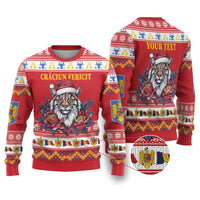 Personalized Romania Christmas Ugly Christmas Sweater Eurasian Lynx With Peony Flowers - Wonder Print Shop