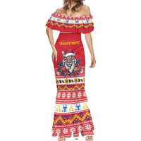 Personalized Romania Christmas Mermaid Dress Eurasian Lynx With Peony Flowers - Wonder Print Shop