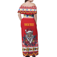 Personalized Romania Christmas Off Shoulder Maxi Dress Eurasian Lynx With Peony Flowers - Wonder Print Shop