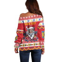 Personalized Romania Christmas Off Shoulder Sweater Eurasian Lynx With Peony Flowers - Wonder Print Shop