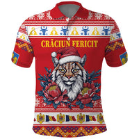 Personalized Romania Christmas Polo Shirt Eurasian Lynx With Peony Flowers - Wonder Print Shop