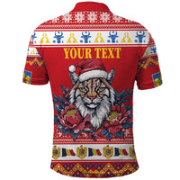 Personalized Romania Christmas Polo Shirt Eurasian Lynx With Peony Flowers - Wonder Print Shop