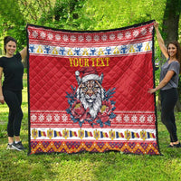 Personalized Romania Christmas Quilt Eurasian Lynx With Peony Flowers - Wonder Print Shop