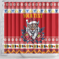 Personalized Romania Christmas Shower Curtain Eurasian Lynx With Peony Flowers