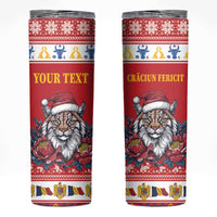 Personalized Romania Christmas Skinny Tumbler Eurasian Lynx With Peony Flowers - Wonder Print Shop