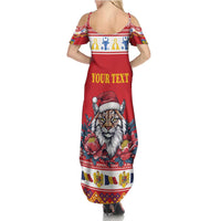 Personalized Romania Christmas Summer Maxi Dress Eurasian Lynx With Peony Flowers - Wonder Print Shop