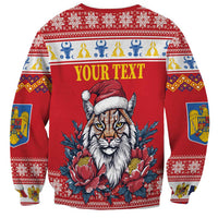 Personalized Romania Christmas Sweatshirt Eurasian Lynx With Peony Flowers - Wonder Print Shop