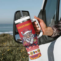 Personalized Romania Christmas Tumbler With Handle Eurasian Lynx With Peony Flowers - Wonder Print Shop