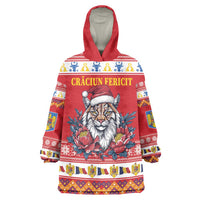 Personalized Romania Christmas Wearable Blanket Hoodie Eurasian Lynx With Peony Flowers - Wonder Print Shop