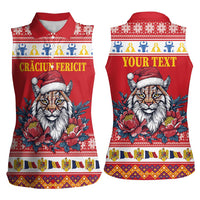 Personalized Romania Christmas Women Sleeveless Polo Shirt Eurasian Lynx With Peony Flowers - Wonder Print Shop