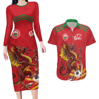 Custom Wales Football Couples Matching Long Sleeve Bodycon Dress and Hawaiian Shirt Y Ddraig Goch Ddyry Cychwyn
