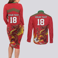 Custom Wales Football Couples Matching Long Sleeve Bodycon Dress and Long Sleeve Button Shirt Y Ddraig Goch Ddyry Cychwyn