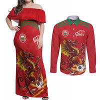 Custom Wales Football Couples Matching Off Shoulder Maxi Dress and Long Sleeve Button Shirt Y Ddraig Goch Ddyry Cychwyn