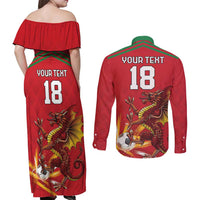 Custom Wales Football Couples Matching Off Shoulder Maxi Dress and Long Sleeve Button Shirt Y Ddraig Goch Ddyry Cychwyn