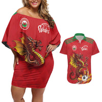 Custom Wales Football Couples Matching Off Shoulder Short Dress and Hawaiian Shirt Y Ddraig Goch Ddyry Cychwyn