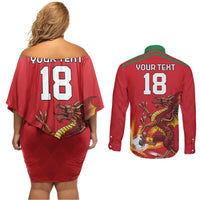 Custom Wales Football Couples Matching Off Shoulder Short Dress and Long Sleeve Button Shirt Y Ddraig Goch Ddyry Cychwyn