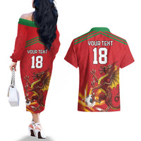 Custom Wales Football Couples Matching Off The Shoulder Long Sleeve Dress and Hawaiian Shirt Y Ddraig Goch Ddyry Cychwyn