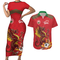 Custom Wales Football Couples Matching Short Sleeve Bodycon Dress and Hawaiian Shirt Y Ddraig Goch Ddyry Cychwyn