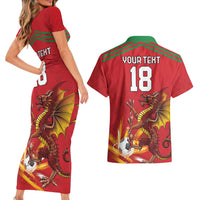Custom Wales Football Couples Matching Short Sleeve Bodycon Dress and Hawaiian Shirt Y Ddraig Goch Ddyry Cychwyn