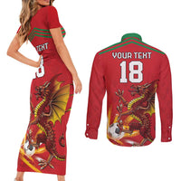 Custom Wales Football Couples Matching Short Sleeve Bodycon Dress and Long Sleeve Button Shirt Y Ddraig Goch Ddyry Cychwyn