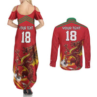 Custom Wales Football Couples Matching Summer Maxi Dress and Long Sleeve Button Shirt Y Ddraig Goch Ddyry Cychwyn