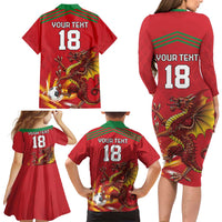 Custom Wales Football Family Matching Long Sleeve Bodycon Dress and Hawaiian Shirt Y Ddraig Goch Ddyry Cychwyn