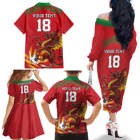 Custom Wales Football Family Matching Off The Shoulder Long Sleeve Dress and Hawaiian Shirt Y Ddraig Goch Ddyry Cychwyn