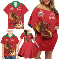 Custom Wales Football Family Matching Off Shoulder Short Dress and Hawaiian Shirt Y Ddraig Goch Ddyry Cychwyn