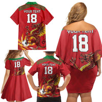Custom Wales Football Family Matching Off Shoulder Short Dress and Hawaiian Shirt Y Ddraig Goch Ddyry Cychwyn