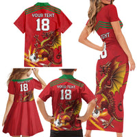 Custom Wales Football Family Matching Short Sleeve Bodycon Dress and Hawaiian Shirt Y Ddraig Goch Ddyry Cychwyn