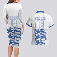Custom England Fooball Couples Matching Long Sleeve Bodycon Dress and Hawaiian Shirt The Three Lions Blue Version