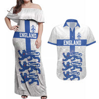 Custom England Fooball Couples Matching Off Shoulder Maxi Dress and Hawaiian Shirt The Three Lions Blue Version