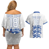 Custom England Fooball Couples Matching Off Shoulder Short Dress and Hawaiian Shirt The Three Lions Blue Version