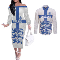 Custom England Fooball Couples Matching Off The Shoulder Long Sleeve Dress and Long Sleeve Button Shirt The Three Lions Blue Version