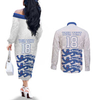 Custom England Fooball Couples Matching Off The Shoulder Long Sleeve Dress and Long Sleeve Button Shirt The Three Lions Blue Version
