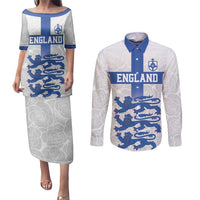 Custom England Fooball Couples Matching Puletasi and Long Sleeve Button Shirt The Three Lions Blue Version