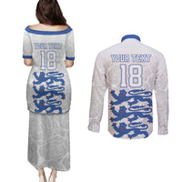Custom England Fooball Couples Matching Puletasi and Long Sleeve Button Shirt The Three Lions Blue Version