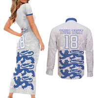 Custom England Fooball Couples Matching Short Sleeve Bodycon Dress and Long Sleeve Button Shirt The Three Lions Blue Version
