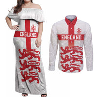 Custom England Fooball Couples Matching Off Shoulder Maxi Dress and Long Sleeve Button Shirt The Three Lions Red Version