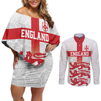 Custom England Fooball Couples Matching Off Shoulder Short Dress and Long Sleeve Button Shirt The Three Lions Red Version