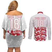 Custom England Fooball Couples Matching Off Shoulder Short Dress and Long Sleeve Button Shirt The Three Lions Red Version