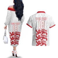 Custom England Fooball Couples Matching Off The Shoulder Long Sleeve Dress and Hawaiian Shirt The Three Lions Red Version