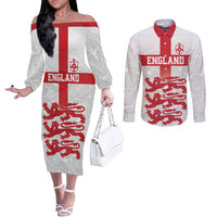 Custom England Fooball Couples Matching Off The Shoulder Long Sleeve Dress and Long Sleeve Button Shirt The Three Lions Red Version