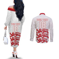 Custom England Fooball Couples Matching Off The Shoulder Long Sleeve Dress and Long Sleeve Button Shirt The Three Lions Red Version