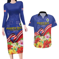 Puerto Rico Coat Of Arm Couples Matching Long Sleeve Bodycon Dress and Hawaiian Shirt With Thespesia Grandiflora Flowers - Wonder Print Shop