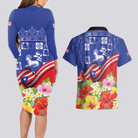 Puerto Rico Coat Of Arm Couples Matching Long Sleeve Bodycon Dress and Hawaiian Shirt With Thespesia Grandiflora Flowers - Wonder Print Shop