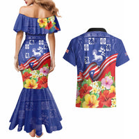 Puerto Rico Coat Of Arm Couples Matching Mermaid Dress and Hawaiian Shirt With Thespesia Grandiflora Flowers - Wonder Print Shop