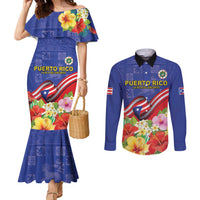 Puerto Rico Coat Of Arm Couples Matching Mermaid Dress and Long Sleeve Button Shirt With Thespesia Grandiflora Flowers